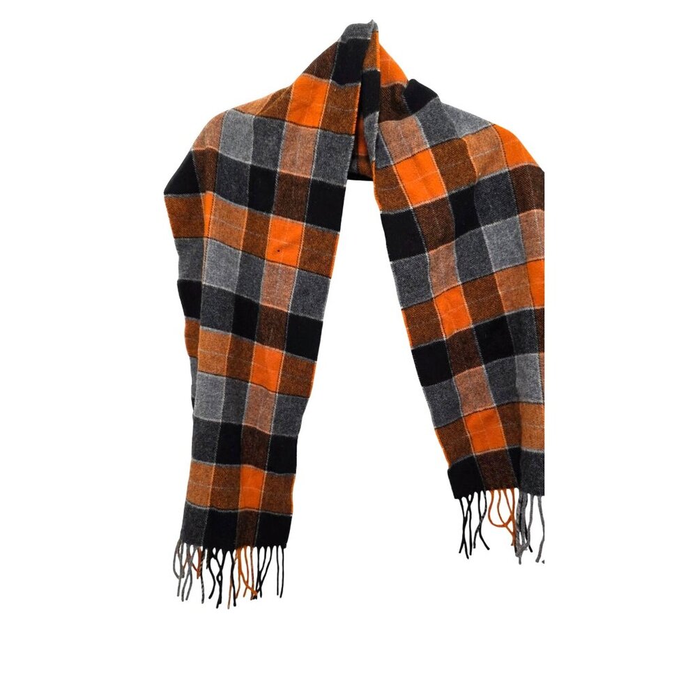 Nordstrom 100% Lambswool‎ Plaid Scarf Fringe Orange/Black/Gray Size 60 x16